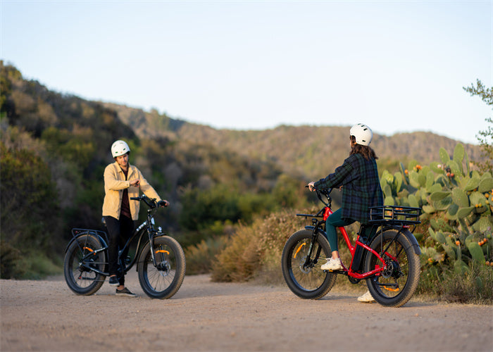 Two individuals on TESWAY S7 electric bikes are standing on a dirt trail, surrounded by natural shrubbery