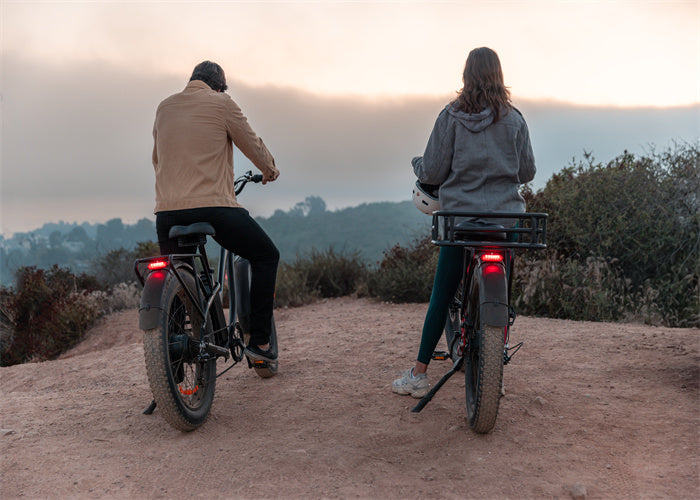 Two people wearing helmets are seated on TESWAY S7 electric bikes, facing a foggy horizon at dusk on a dirt trail