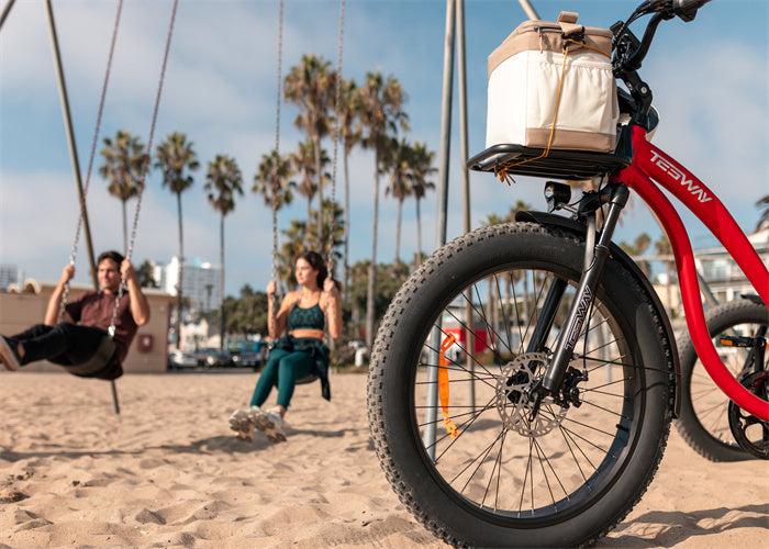 Riding the red Tesway S7 to the beach