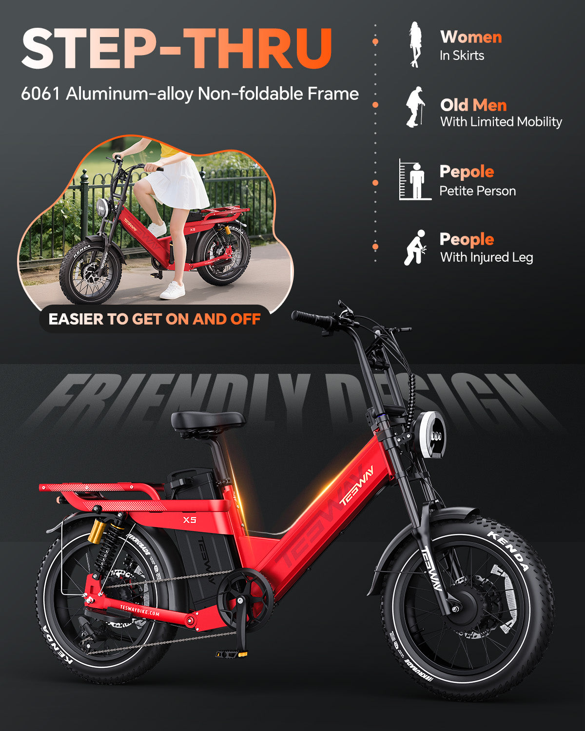 TESWAY X5 AWD Step-Thru E-Bike – Easy Mount 3000W Dual Motor